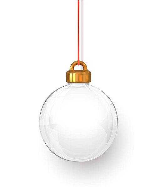Realistic Transparent Christmas Ball Ornament With Golden Cap Hanging On Red String. Elegant Festive Decoration For Holiday Design. Vector Illustration.