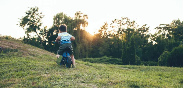 Маленький мальчик на велосипеде катается и аплодирует в парке на зеленом поле во время заката — стоковое фото