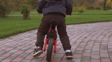 Sonbahar yürüyüşü sırasında parkta pedalsız bisiklet süren beyaz bir çocuk.