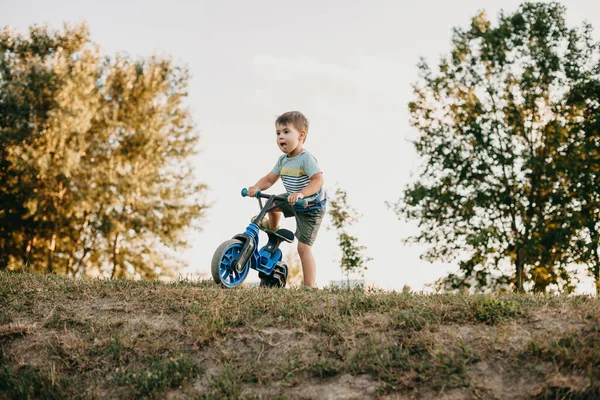 Beyaz çocuk yaz yürüyüşü sırasında bir tepede bisiklete biniyor. — Stok fotoğraf