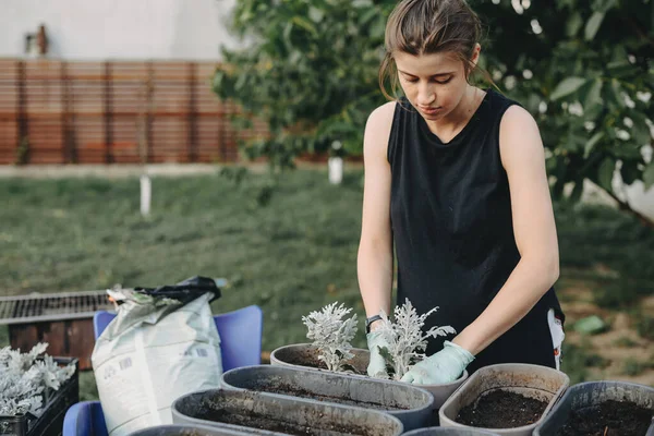 黒いTシャツを着た白人女性が庭に自宅で花を植えています — ストック写真