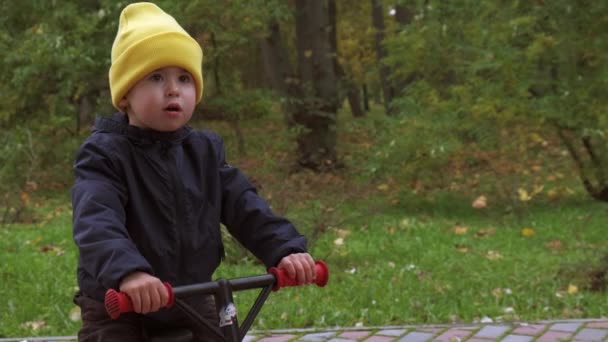 Vídeo de um menino caucasiano em uma bicicleta vestindo roupas quentes de outono está andando em um parque — Vídeo de Stock