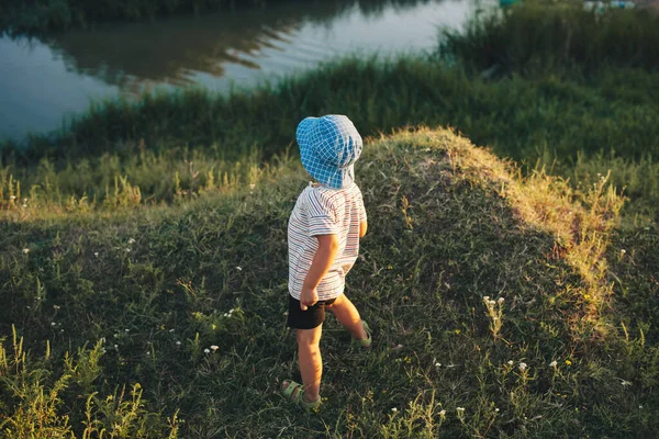 Widok z tyłu zdjęcie małego dziecka pozującego w pobliżu jeziora w zielonym polu podczas letniego spaceru — Zdjęcie stockowe