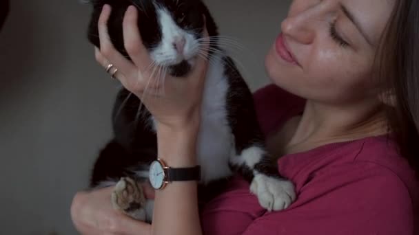 Чарівна жінка з веснянками грається з кішкою, що тримає його і приймає — стокове відео
