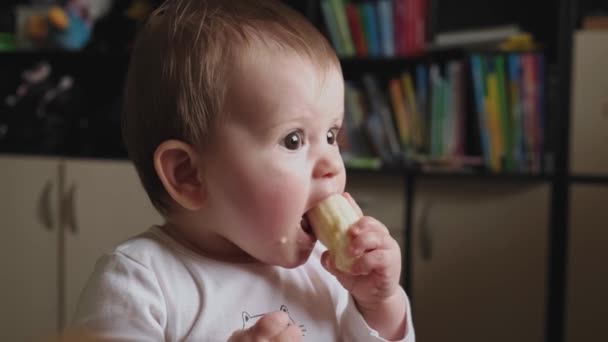 Close up vide de bela menina pequena bonito comer uma banana enquanto sorrindo para seus pais — Vídeo de Stock