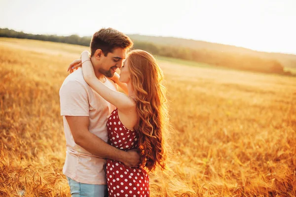 Indietro vista foto di una coppia amorevole abbracciare e avere momenti intimi in un campo durante un tramonto perfetto — Foto Stock