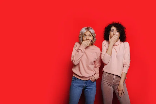 Sœurs étonnées couvrant la bouche. Concept studio de promotion de bannière. Mur rouge. Femmes adorables aux cheveux bouclés — Photo