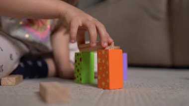 Kafkasyalı kız renkli blokları diziyor, küçük eller halının üzerinde turuncu yeşil mor blokları düzenliyor, yumuşak oturma odası...