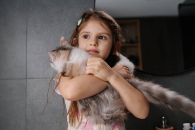 Kız kediyi göğsüne karşı koruyor, geniş bakışlar, narin kollar uzun saçlı kediye sarılıyor, sessiz iç mekan.,