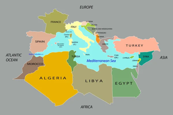 Países que rodean el mar Mediterráneo — Vector de stock