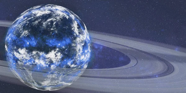 Exploding exoplanet Earth with ring in outer space.