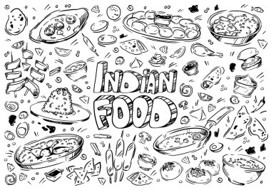 El çizimi vektör çizimi. Doodle Hint yemeği: tavuk, masala, naan, kebap, pilav, flatbread, citrus, köri, baharat, patates, et, pirinç, sebze, sos