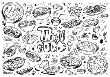 El çizimi vektör çizimi. Doodle Thai yemeği: karides, tofu, yosun, pirinç, Tom Yam Kung, deniz ürünleri, sos, egzotik meyveler, krep, börek