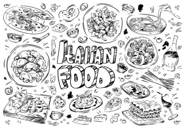 Ilustración Vectorial Dibujada Mano Doodle Comida Italiana Pizza Queso Bruschetta — Vector de stock