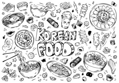 Hand drawn vector illustration. Doodle Korean food: rolls, soups, fish, kimchi, noodles, rice, sashimi, meat, eggs, salad, desserts. clipart