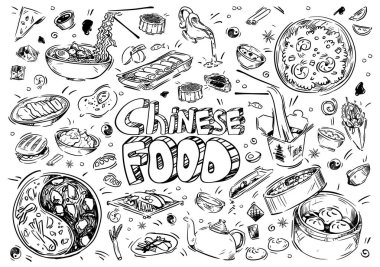El çizimi vektör çizimi. Doodle Çin yemeği:, çorba, köfte, güveç, balık, erişte, börek, pirinç, et, yumurta, salata, çay