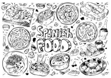 El çizimi vektör çizimi. İspanyol yemeği: gazpacho, fabada, paella, patatas bravas, chorizo, leche frita, churros, şarap, tapas, sarımsaklı karides, allioli, albondigas