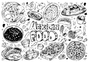 El çizimi vektör çizimi. Meksika yemekleri: Carnitas huevos rancheros, churros, hazır kahve, klasik tres leches cake, street corn, pico de gallo, taco, burrito, lime, salsa