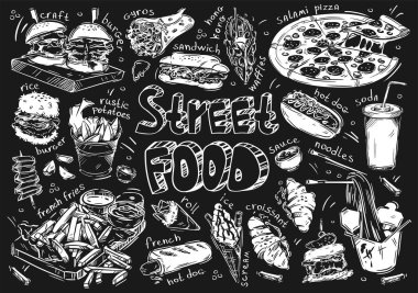 El çizimi vektör çizimi. Doodle Caddesi fast food: hamburger, sandviç, patates kızartması, sosisli sandviç, rulo, dondurma çığlığı, kruvasan, erişte, sos, soda, pizza, Hong Kong waffle 'ı, patates.