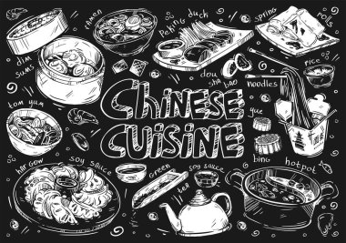 El çizimi vektör çizimi yiyecekler. Doodle Çin mutfağı: Çin böreği, Tom yum çorbası, ramen, har gow köftesi, soya sosu, yeşil çay, yue bing, yahni, noodles, dou sha bao, rice, Pekin ördeği eti