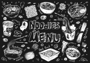 Vektör çizimi. Elle çizilmiş yemek taslakları. Erişte türleri: soba, funselli, udon, ramen, somen, wok. Anında erişte malzemesi