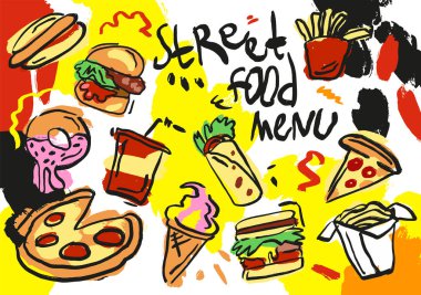Vector illustration. Hand-drawn sketches of food. Doodle types of noodles: soba, funchose, udon, ramen, somen, wok. Instant noodle ingredients clipart