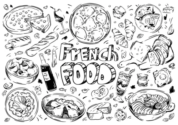 Ilustración Vectorial Dibujada Mano Doodle French Food Ratatouille Souffle Wine — Vector de stock