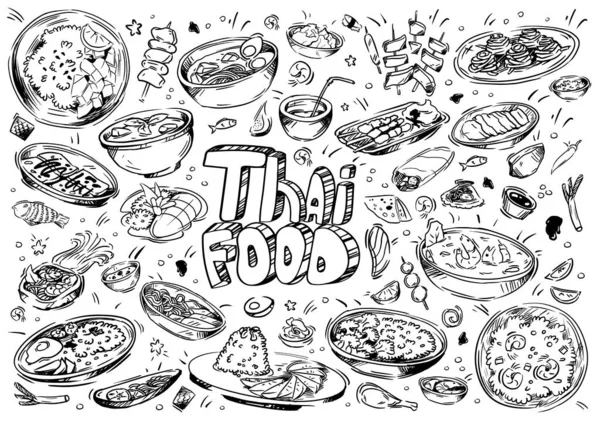 Illustration Vectorielle Dessinée Main Doodle Thai Food Crevettes Tofu Algues — Image vectorielle