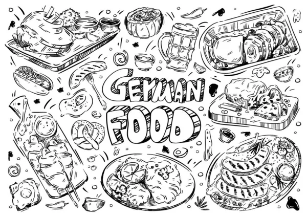 Ručně Kreslená Vektorová Ilustrace Doodle Německá Jídla Wurst Kartoffelpuffer Brezel — Stockový vektor