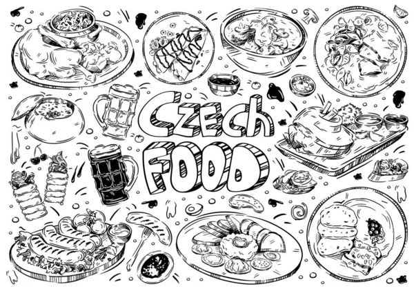 Illustration Vectorielle Dessinée Main Doodle Nourriture Tchèque Canard Rôti Bière — Image vectorielle