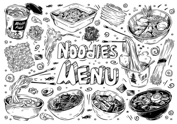 Vektor Ilustrasi Sketsa Gambar Tangan Makanan Jenis Mie Doodle Soba - Stok Vektor