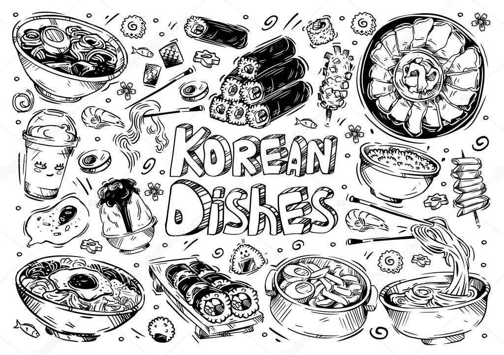 Vector illustration. Hand-drawn sketches of food. Doodle types of noodles: soba, funchose, udon, ramen, somen, wok. Instant noodle ingredients