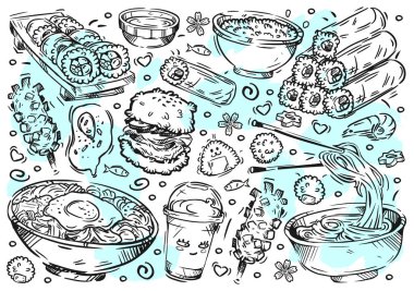 Beyaz tahtaya elle çizilmiş vektör çizgisi çizimi. Doodle Kore mutfağı: rulo, et, pirinç burger, çöl, gimbap, bibimbap, erişte, jjjajangmyeon, onigiri, milkshake