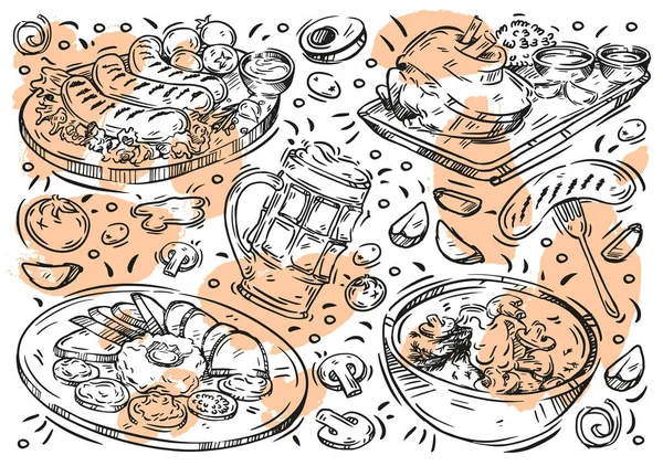 Hand Drawn Line Vector Illustration White Background Doodle Czech Cuisine — Stock Vector