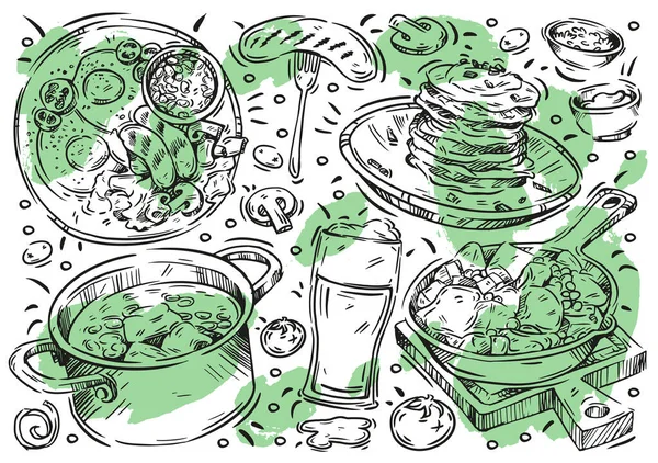 Kézzel Rajzolt Vonal Vektor Illusztráció Élelmiszer Fehér Háttér Doodle Konyha — Stock Vector