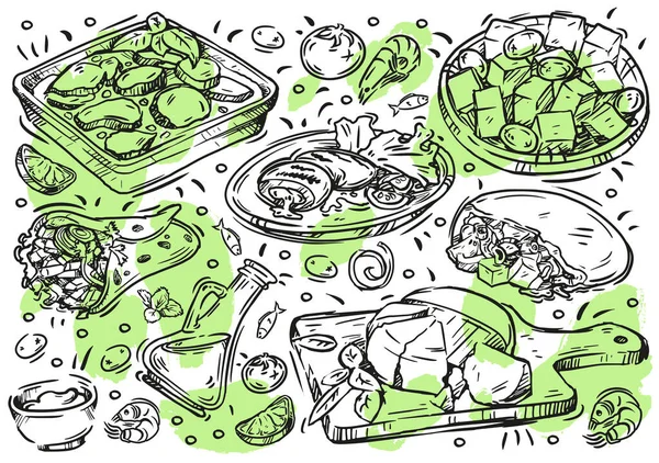 Ligne Dessinée Main Illustration Vectorielle Nourriture Doodle Cuisine Grecque Sur — Image vectorielle
