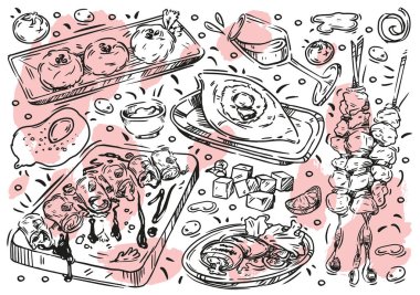 Beyaz arka planda el çizimi vektör çizimi yiyecekleri. Doodle Gürcistan mutfağı: khachapuri adjaruli, mtsvadi barbeküsü, pkhali, saperavi, şarap, garnet, sulguni peynir