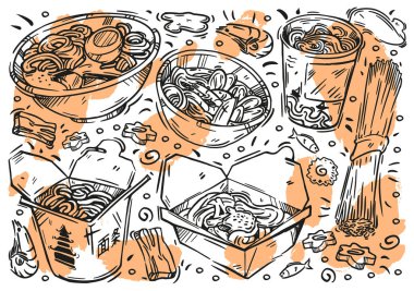 Beyaz tahtaya elle çizilmiş vektör çizimi. Yemek taslakları. Erişte türleri: soba, funselted, udon, ramen, wok, pasta, malzemeler