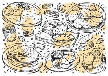 Beyaz arka planda el çizimi vektör çizimi yiyecekleri. Doodle Belarus mutfağı: kletski, krep, babka, draniki, meyve suyu, hamur tatlısı, bruschetta, salatalık, ekmek