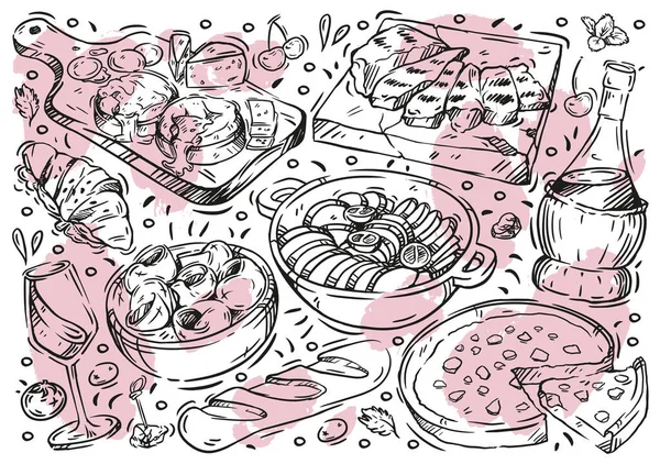 Hand drawn line vector illustration food on white board. Doodle French cuisine: ratatouille, blue cheese, wine, baguette, pie, snails, croissant, grill meat