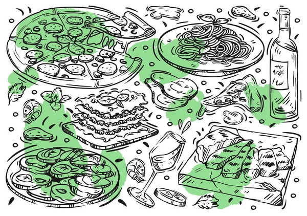 Dibujado Mano Línea Vectorial Ilustración Alimentos Pizarra Blanca Doodle Cocina — Archivo Imágenes Vectoriales