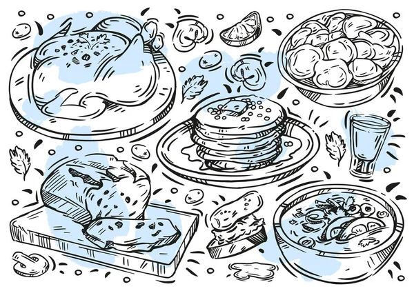 Handritad Linje Vektor Illustration Mat Doodle Ryska Köket Soppa Dumplings — Stock vektor