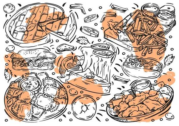 Linha Desenhada Mão Vetor Ilustração Alimentar Doodle Cozinha Americana Cachorro — Vetor de Stock
