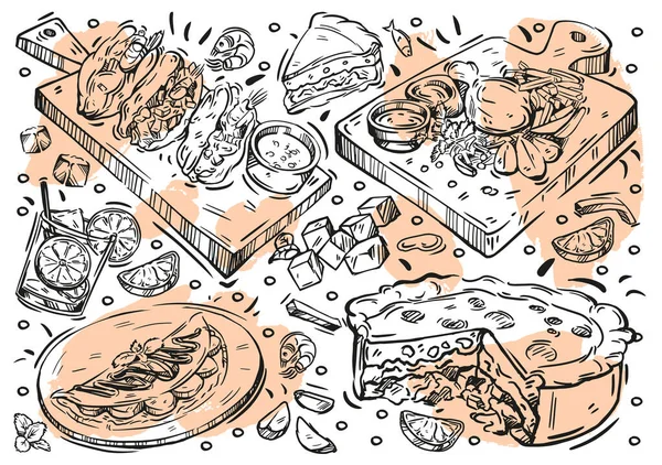 手描き線ベクトルイラスト食品 ブラジル料理 バーベキュー肉 ビネグレットサルサ 魚のシチュー 黒目のエンドウ豆のフリッター チキンパイ カイピリーニャドリンク バナナパンケーキ — ストックベクタ
