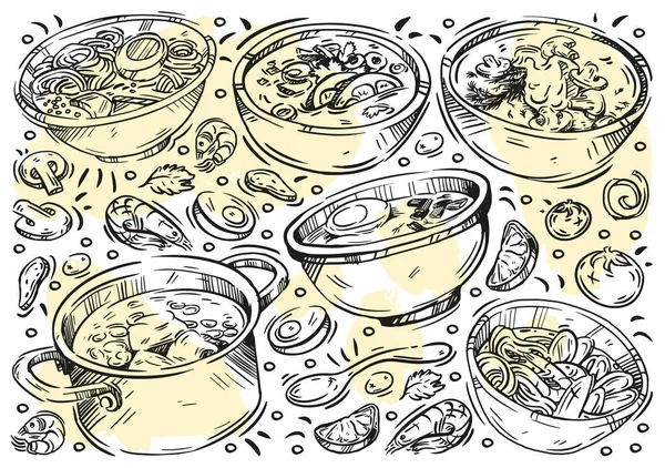 Çizimi Vektör Illüstrasyon Yiyeceği Karalama Çorba Türleri Farklı Ülkelerin Mutfağı — Stok Vektör