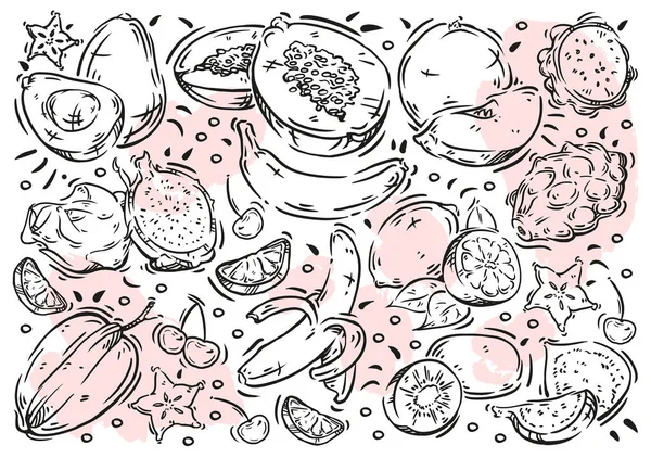 Alimento Ilustración Vectorial Dibujado Mano Pizarra Blanca Doodle Line Frutas — Vector de stock