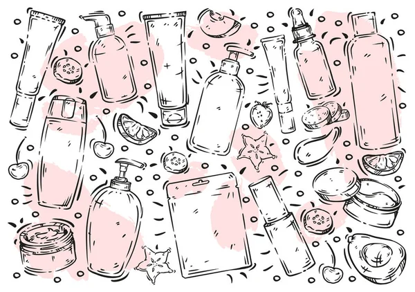 Doodle Векторні Лінії Ілюстрації Косметики Харчової Косметології Екзотичні Фрукти Пляшка — стоковий вектор