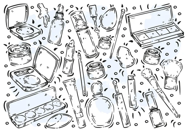 Doodle Vektor Vonal Illusztráció Kozmetikumok Por Körömlakk Alapozó Szemhéjfesték Töltelék — Stock Vector