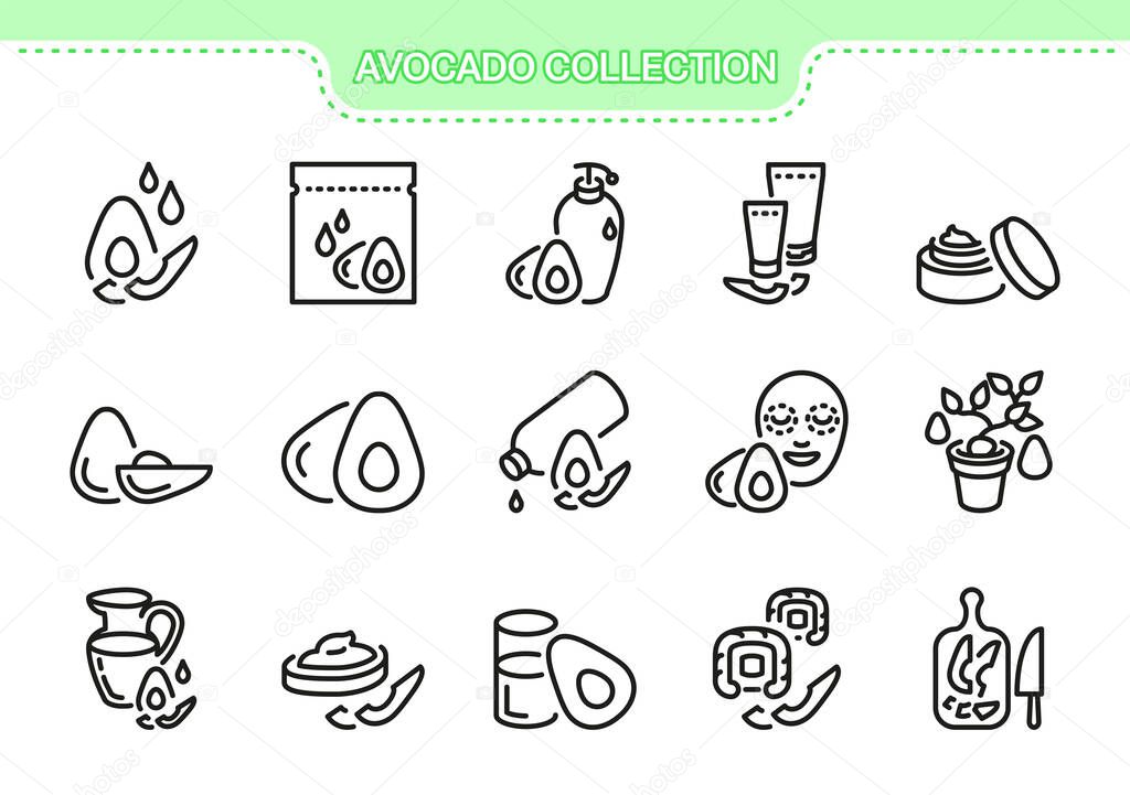 Avocado vector icon set. Cosmetic and health line collection avocado products: juice, mask, soap, hand cream, for face, shampoo, face, tree, sprout, jug, glass, sushi, kitchen board