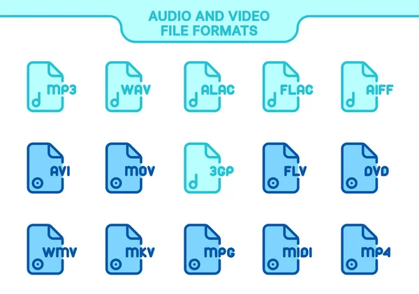 Zestaw Ikon Wektorowych Formaty Plików Audio Wideo Kolekcja Kolorów Linii — Wektor stockowy